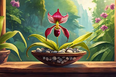 Frauenschuh Orchideen 2 Firefly Rote Frauenschuh Orchidee In Bunten Colomi Steinen Gepflanzt Und In Einem Holzregal Aufgeste (3)