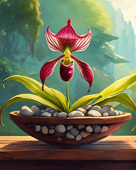 Frauenschuh Orchideen 1 Firefly Rote Frauenschuh Orchidee In Bunten Colomi Steinen Gepflanzt Und In Einem Holzregal Aufgeste (3)